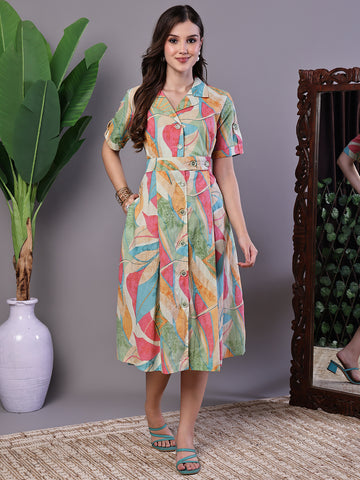Aawari Pastel Abstract Print Button-Down Cotton Midi Dress - Midi Dresses / Western Wear / Dresses