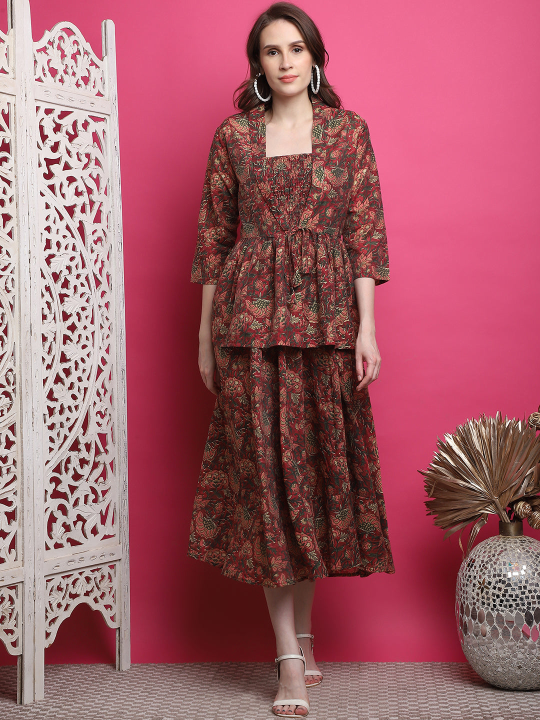 Aawari Women Chanderi Printed Dress With Shrug