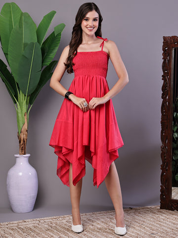 Aawari Solid Red Cotton Handkerchief Hem Midi Dress - Midi Dresses / Western Wear