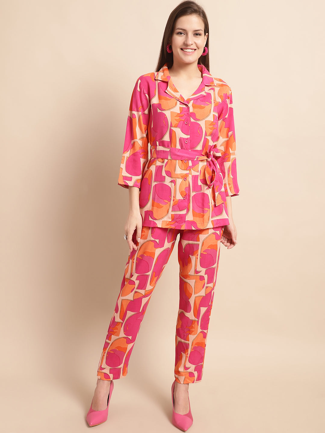 Aawari Women's Printed Co-ord Set in Pink & Orange - Rayon Casual Wear