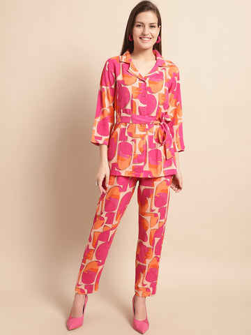 Aawari Women's Printed Co-ord Set in Pink & Orange - Rayon Casual Wear