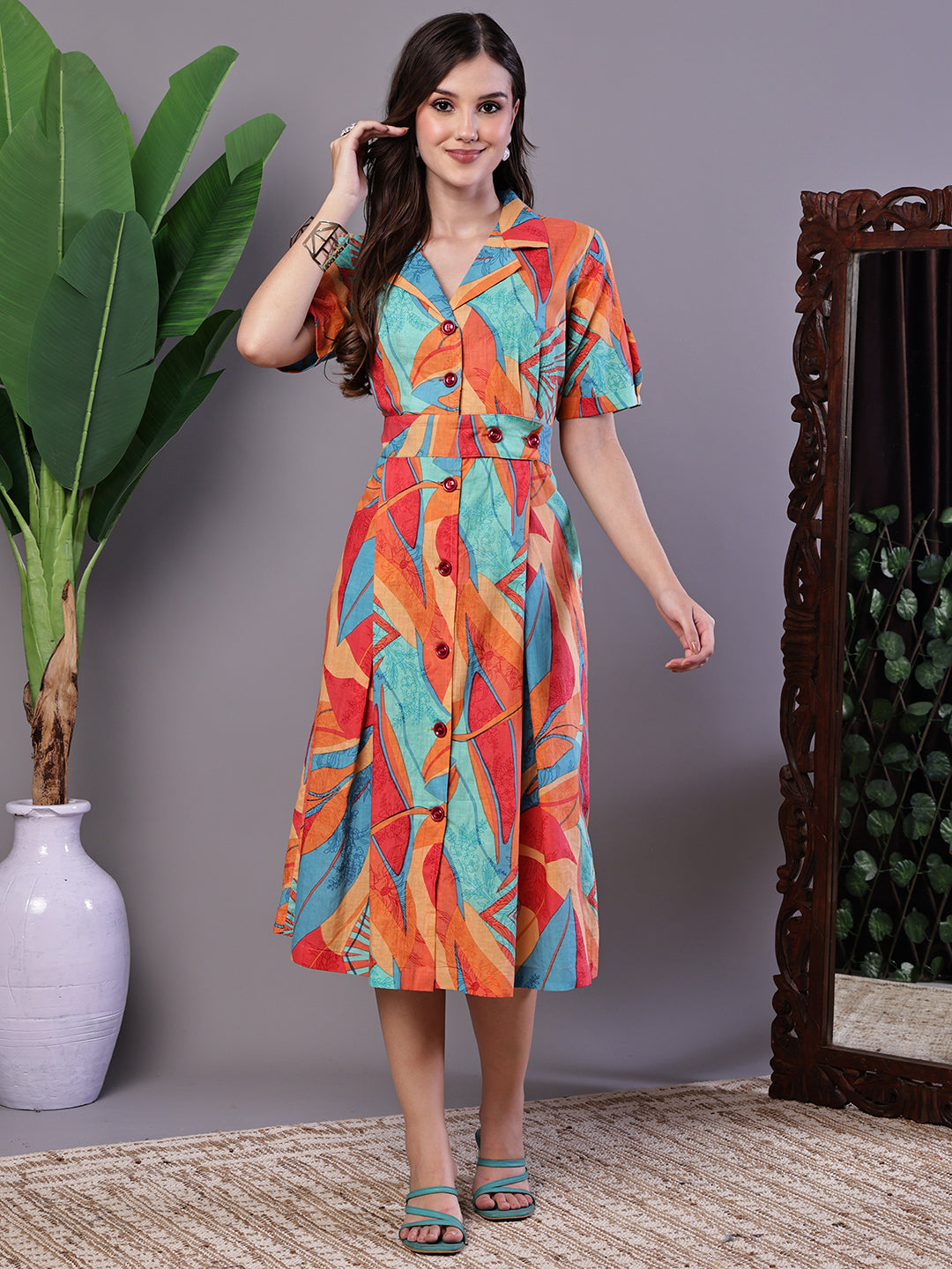 Aawari Tropical Print Button-Down Cotton Midi Dress - Midi Dresses / Western Wear / Dresses