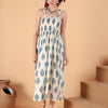 Aawari Elegant Cream & Blue Printed Printed Cotton Bobbin dress with Tie-Up Straps - Western Wear