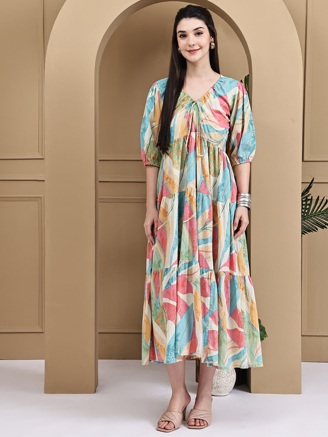 Aawari Multicolor Cotton Printed Knot Dresses With Puff Sleeves