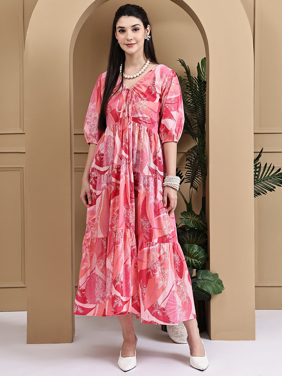 Aawari Women Cotton Printed Knot Dresses With Puff Sleeves