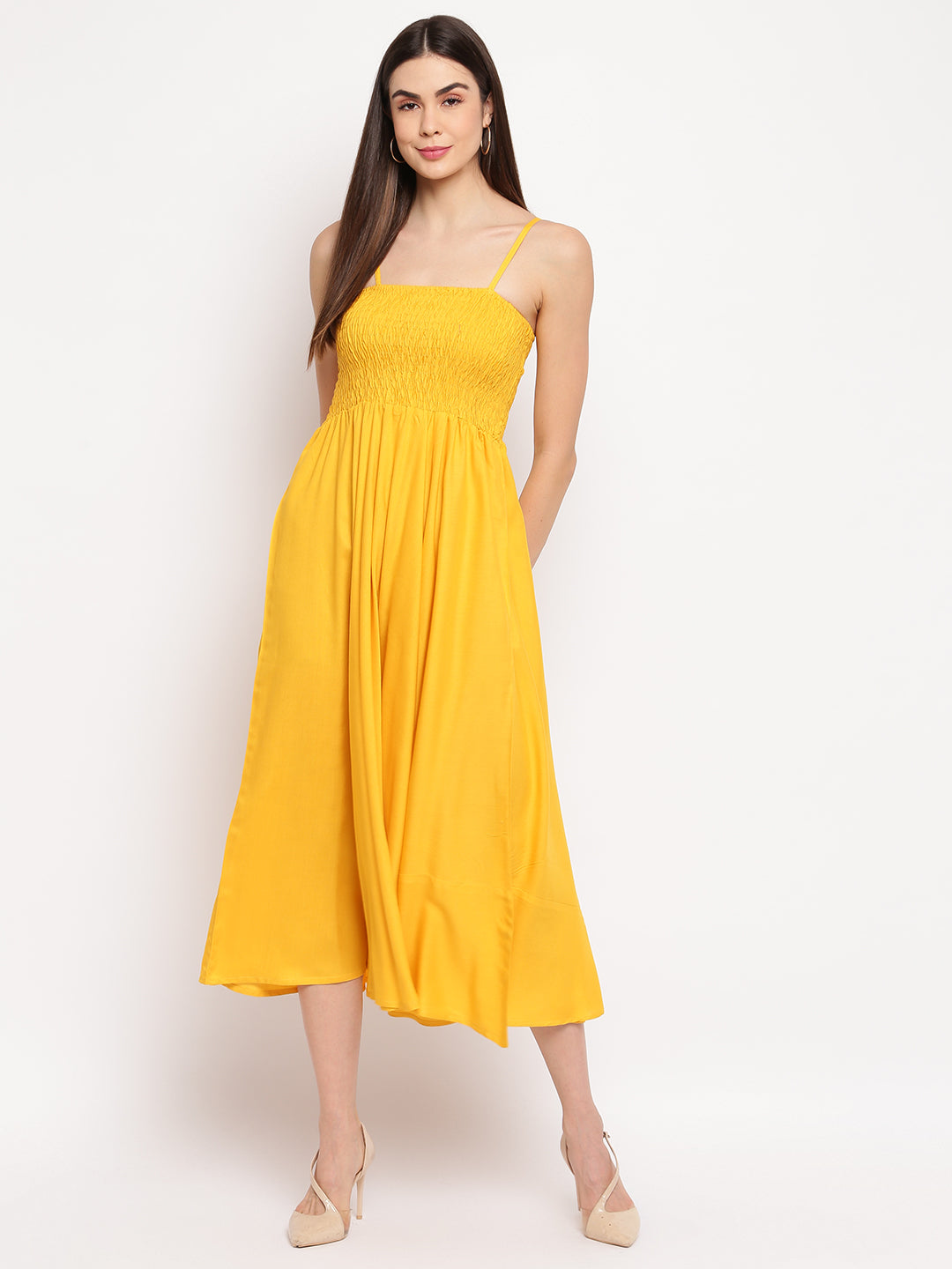 Sunshine Yellow Solid Smocked Rayon Maxi Dress for Women - Western Wear