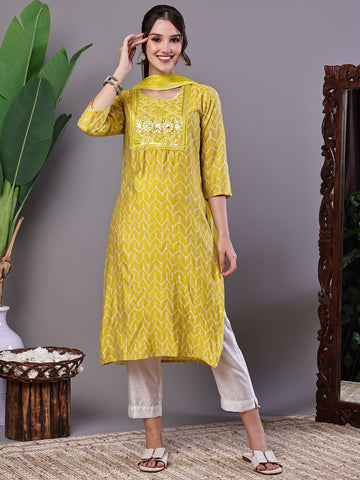 Aawari Mustard Yellow Chevron Print Chanderi Kurta Set with Mirror Work - Suit Sets