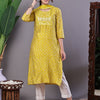 Aawari Mustard Yellow Chevron Print Chanderi Kurta Set with Mirror Work - Suit Sets
