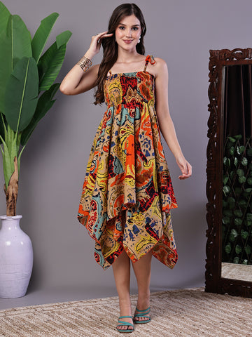 Aawari Multicolor Abstract Printed Cotton Handkerchief Hem Dress - Midi Dresses / Western Wear