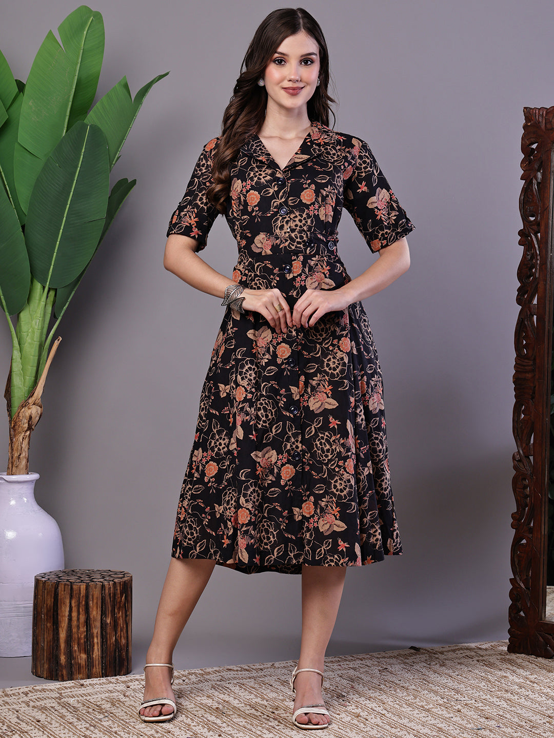 Aawari Chic Black & Rust Floral Print Button-Front Midi Dress - Midi Dresses / Western Wear / Dresses