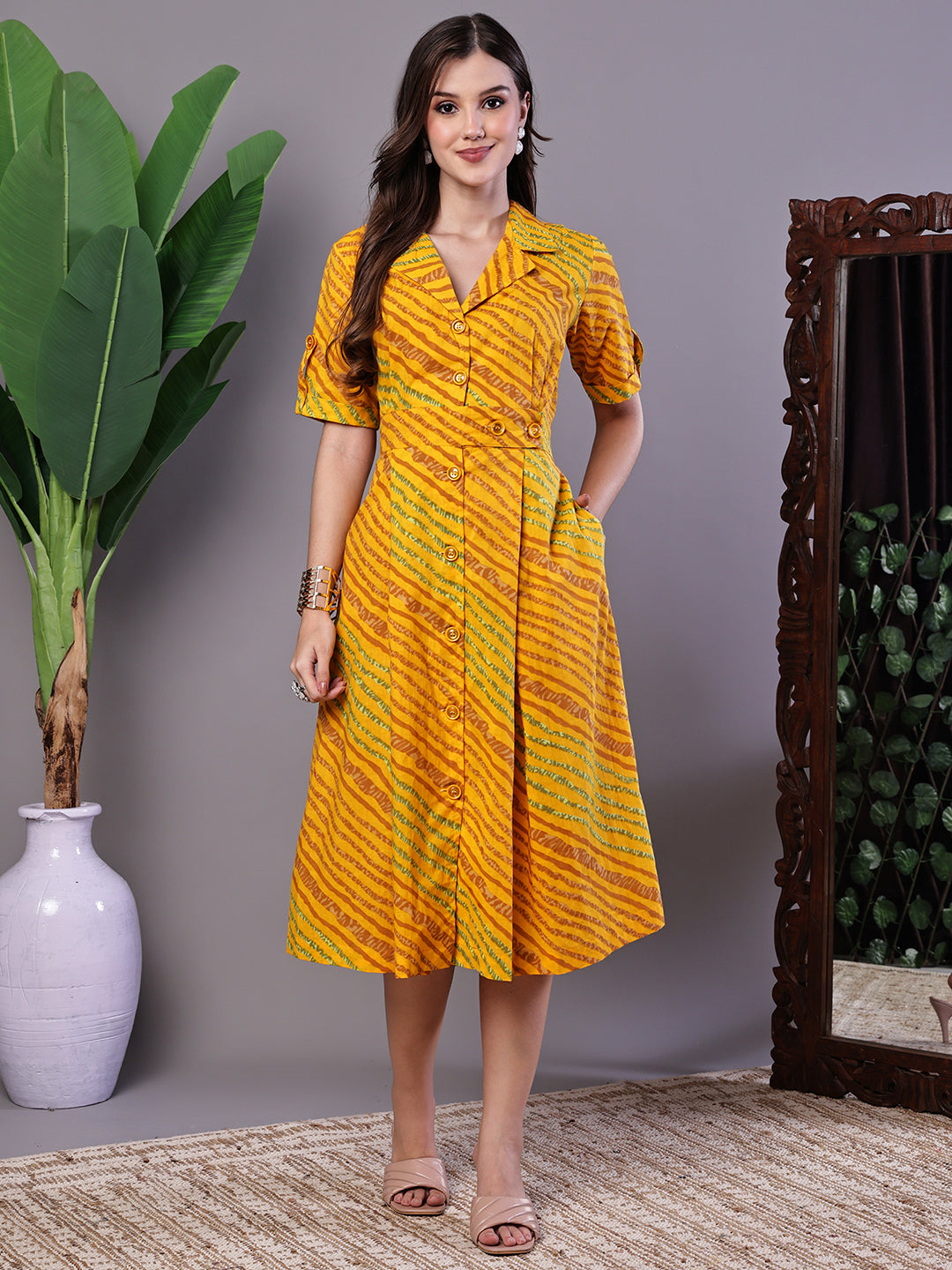 Aawari Yellow Printed Cotton Shirt Dress - Midi Dresses /  Western Wear / Dresses