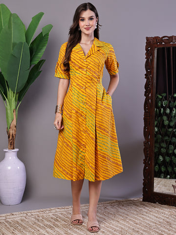 Aawari Yellow Printed Cotton Shirt Dress - Midi Dresses /  Western Wear / Dresses
