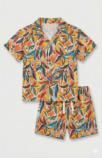 Boys Cotton Tropical Leaf Printed Shirt & Shorts Co-Ord Set