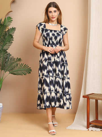 Aawari Black & White Ikat Print Rayon Smocked Dresses / Maxi Dresses / Western Wear