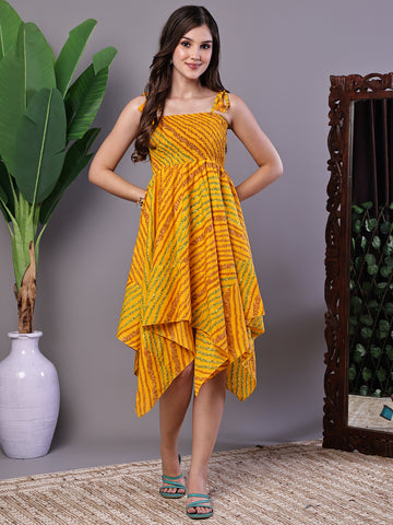 Aawari Yellow & Green Printed Cotton Handkerchief Hem Dress - Midi Dresses / Western Wear