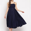 Navy Blue Solid Smocked Rayon Maxi Dress for Women - Western Wear