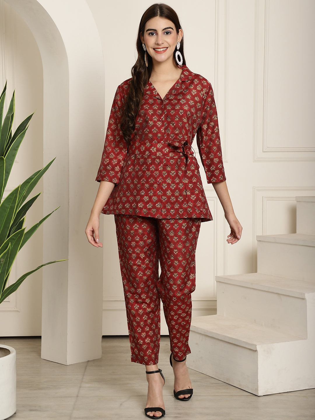 Maroon Gold Printed Chanderi Co-ord Sets with Wrap Top & Straight Pants