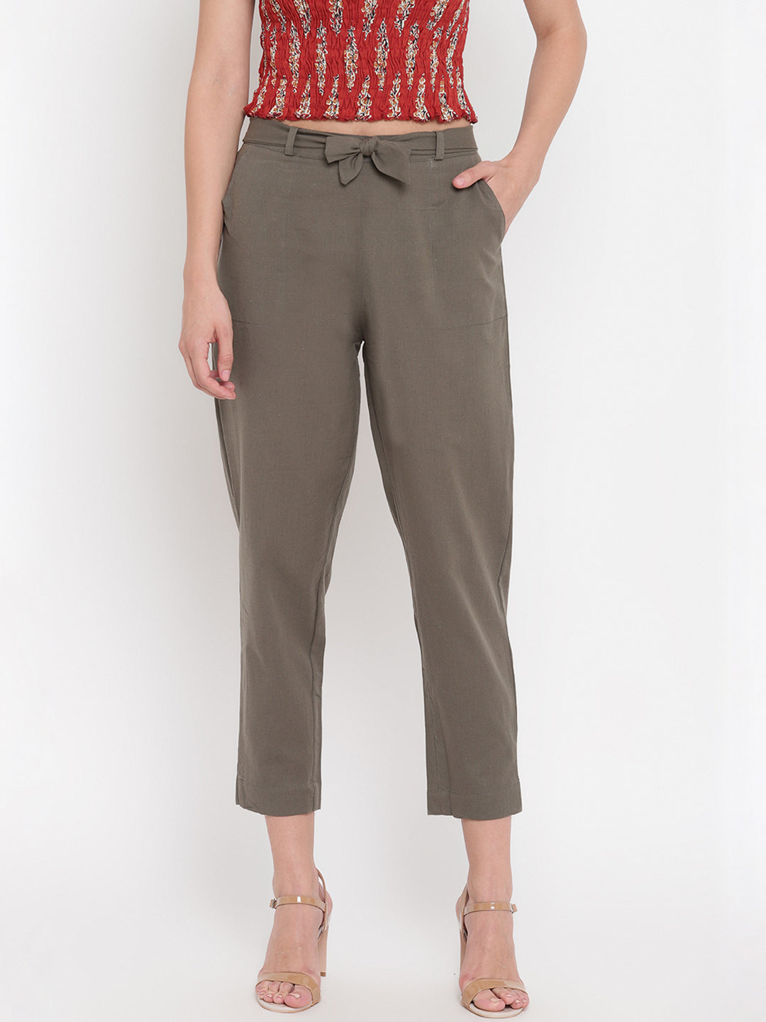 Aawari's Women Cotton Solid Belt Pants