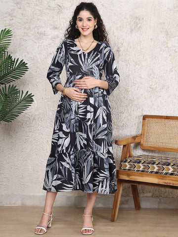 Aawari Black & Grey Leaf Print Cotton Maternity Dresses with Tiered Hem