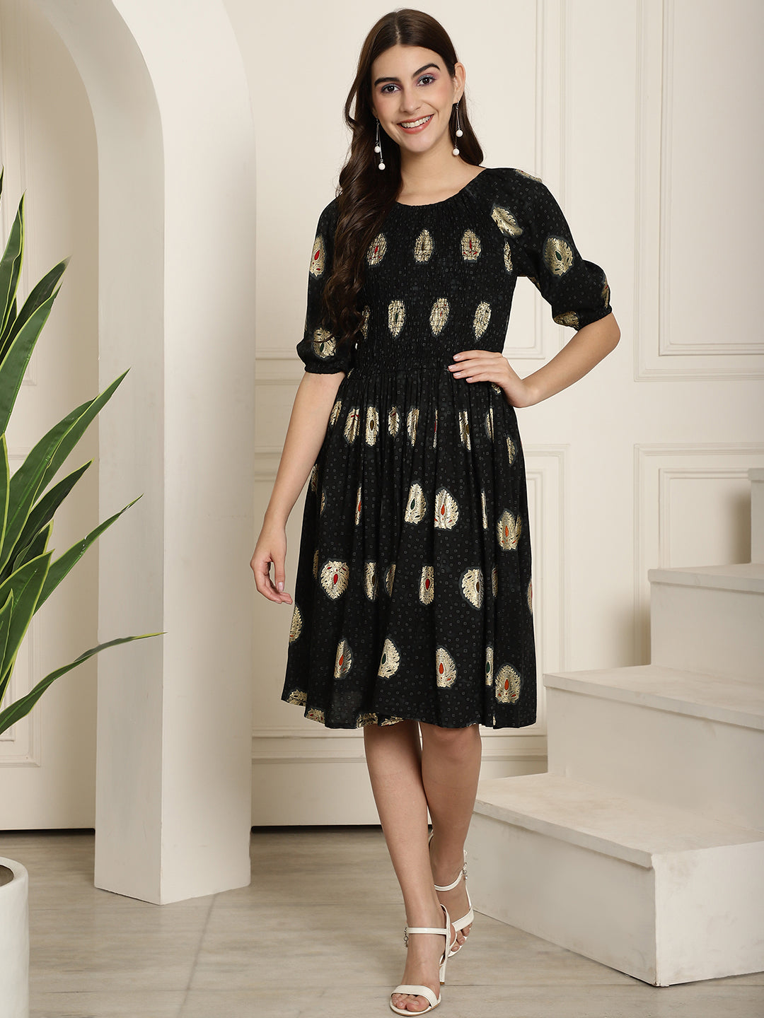 Aawari Black Golden Patch Printed A-Line Midi Dress With Extended Sleeves