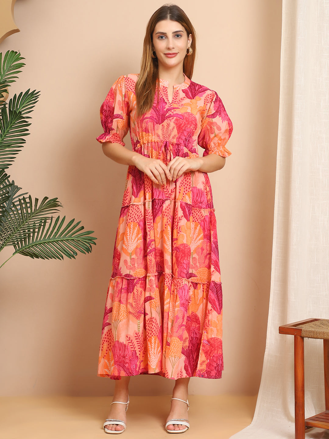 Aawari A-Line Cotton Printed Knot Dress