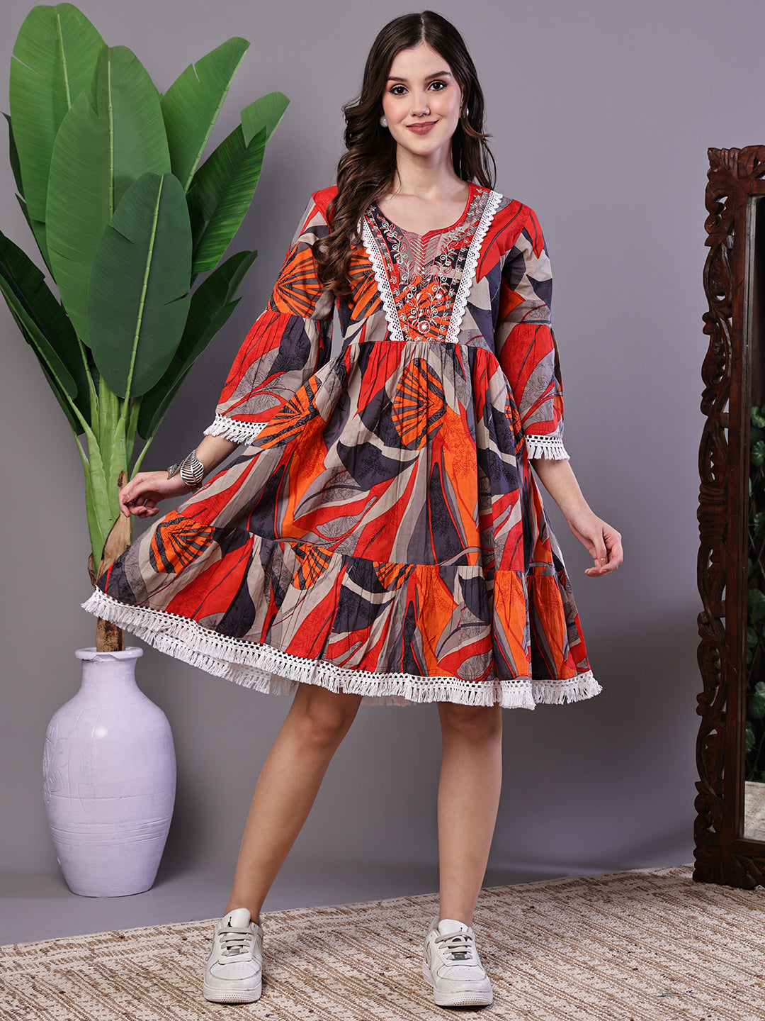 Aawari Bohemian Printed 100% Cotton Fit & Flare Dress with Lace Detailing - Midi Dresses / Western Wear