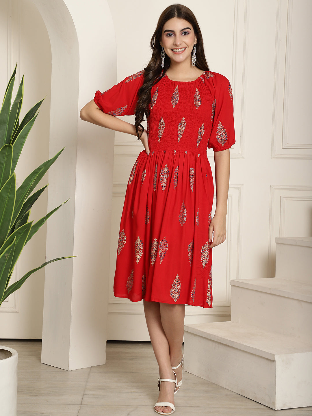 Aawari Red Patch Printed A-Line Midi Dress  With Extended Sleeves