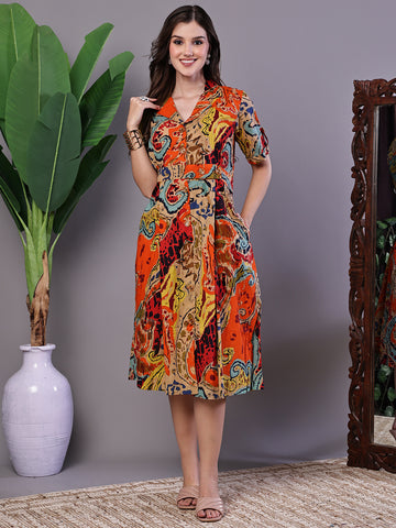 Aawari Bohemian Chic Multi-Color Paisley Print Cotton Collared Midi Dress  - Midi Dresses / Western Wear / Dresses