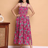Aawari Vibrant Pink & Green Floral Printed Cotton Bobbin dress with Tie-Up Straps - Western Wear