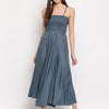 Dusty Blue Solid Rayon Flared Maxi Dress with Smocked Bodice & Spaghetti Straps - Western Wear