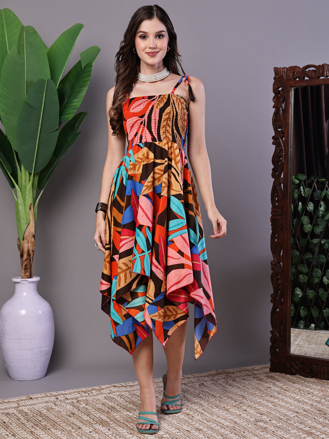 Aawari Bold Multicolor Junglee Print Handkerchief Hem Cotton Dress - Midi Dresses / Western Wear