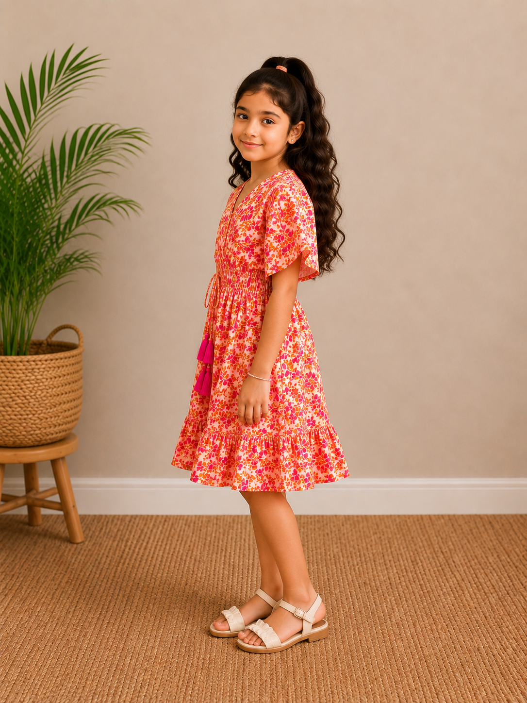 Baby Girls Cotton Pink Floral Printed Smocked Waist A-Line Dress