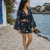 Girl’s Navy Blue Floral Printed Cotton Beach Wear Set with Bell Sleeve Tie-Up Top & Tassel Shorts