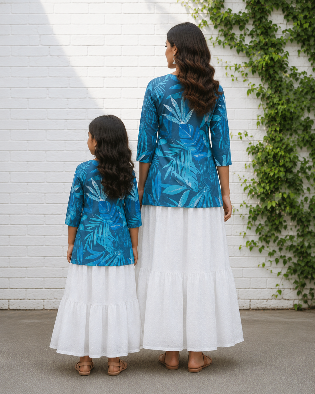 Mom & Daughter Blue Printed Kurta with White Skirt Matching Co-ord Set