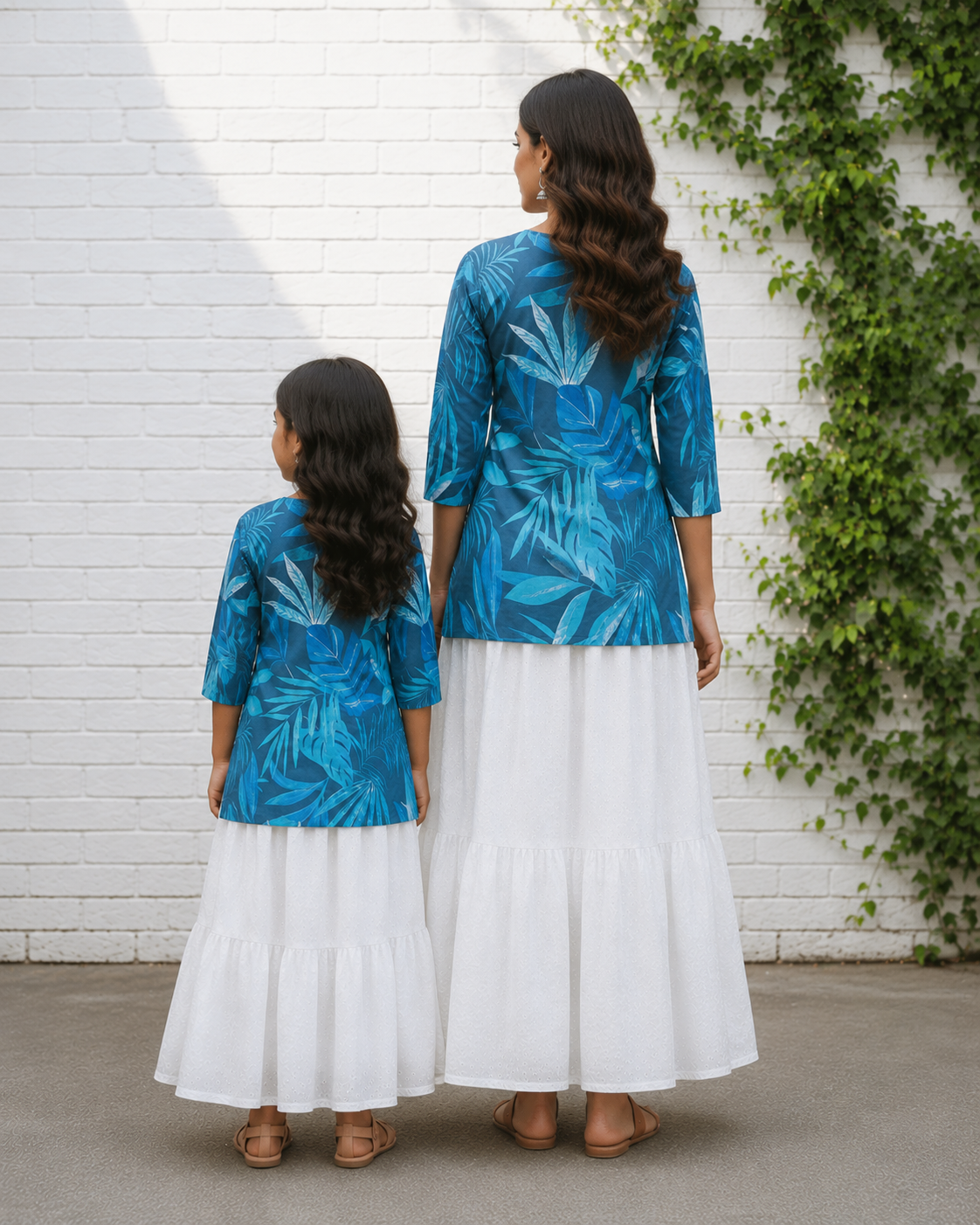 Mom & Daughter Blue Printed Kurta with White Skirt Matching Co-ord Set