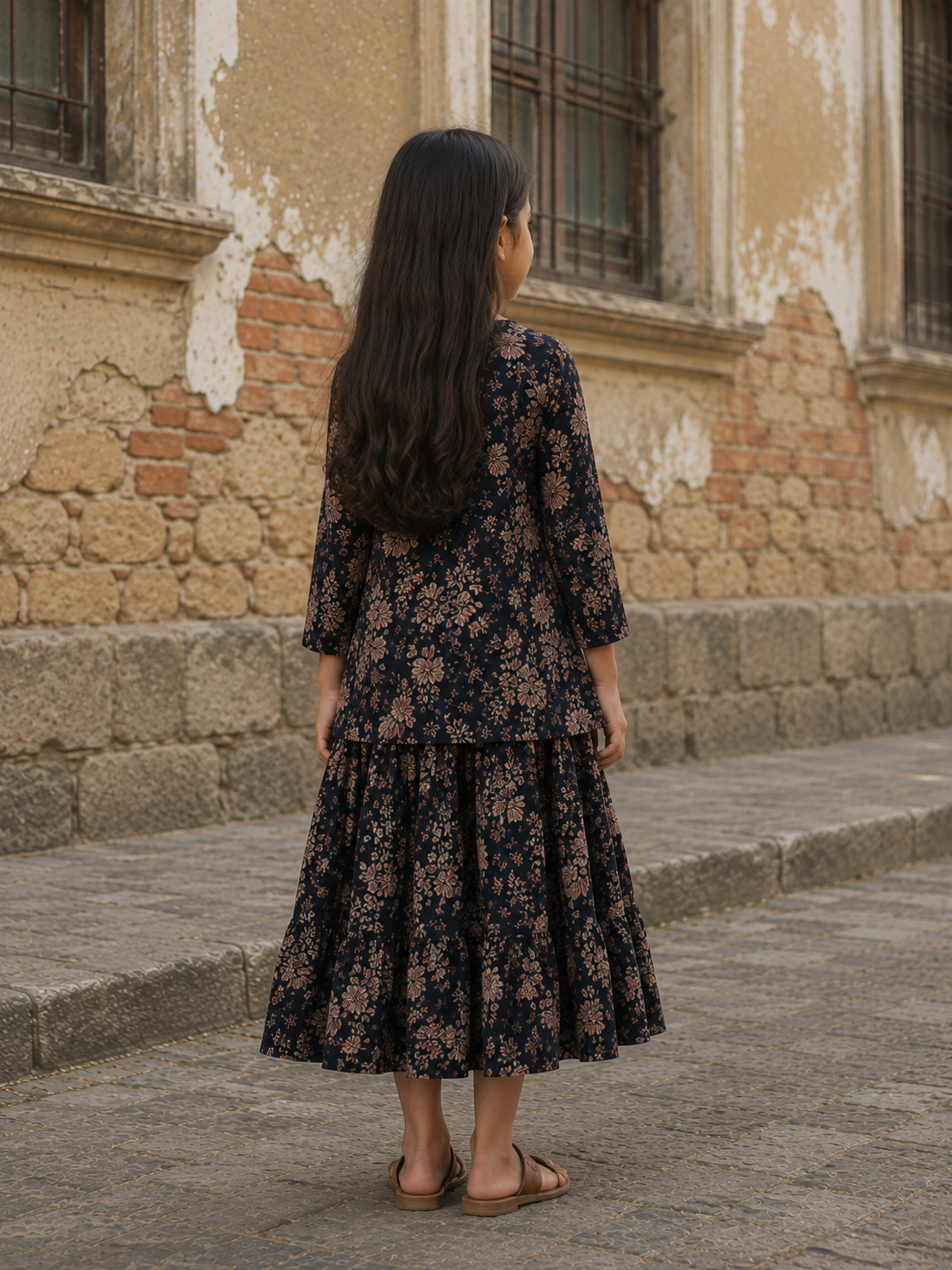 Girl's Black Floral Printed Kurta with Matching Flared Palazzo Skirt Set