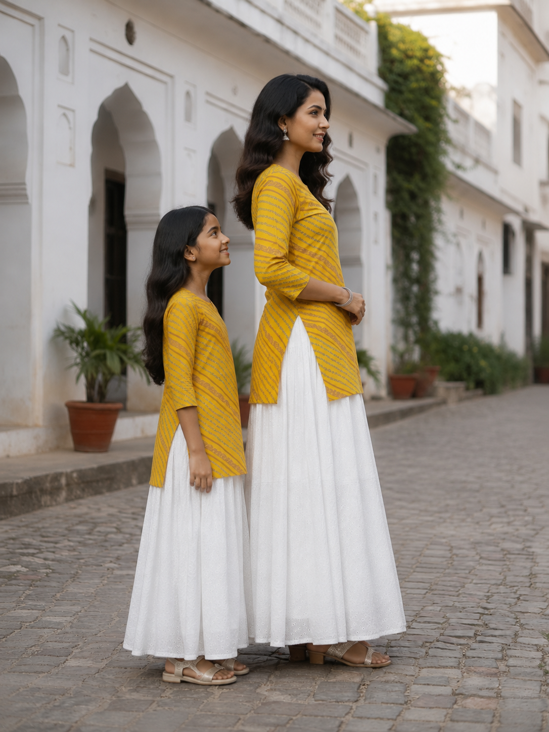 Mom & Daughter Mustard Yellow Printed Kurta with White Flared Skirt Set