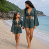 Mom & Daughter Teal Blue Ethnic Printed Cotton Beach Wear Set with Bell Sleeve Tie-Up Top & Tassel Shorts