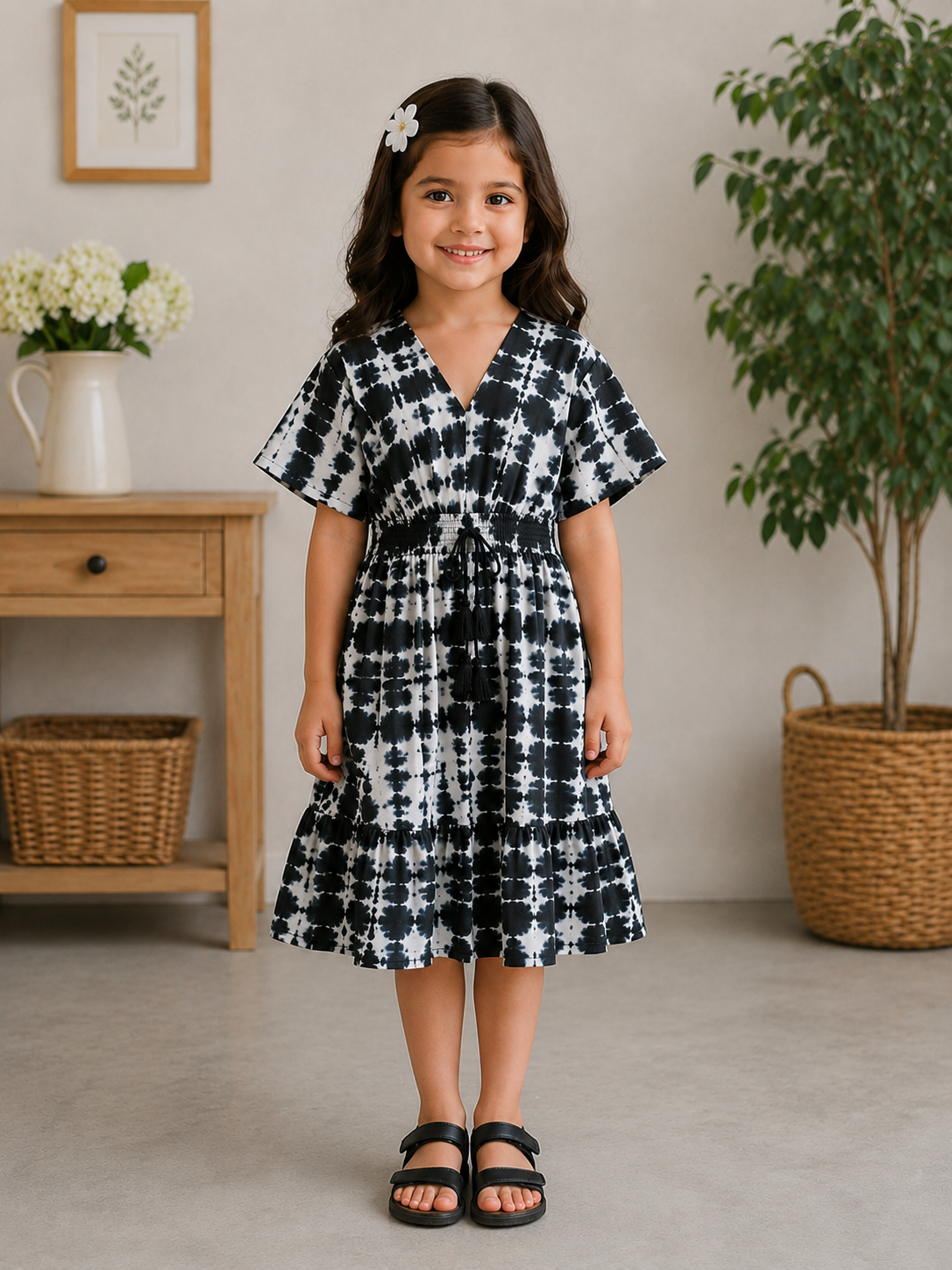 Baby Girls Black & White Tie-Dye Printed Smocked Waist Flared Midi Dress