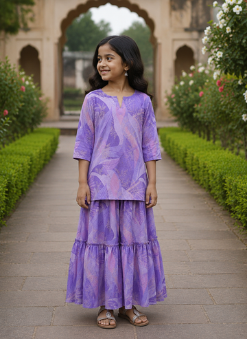 Girl's Lavender Printed Kurta with Tiered Flared Skirt Co-ord Set