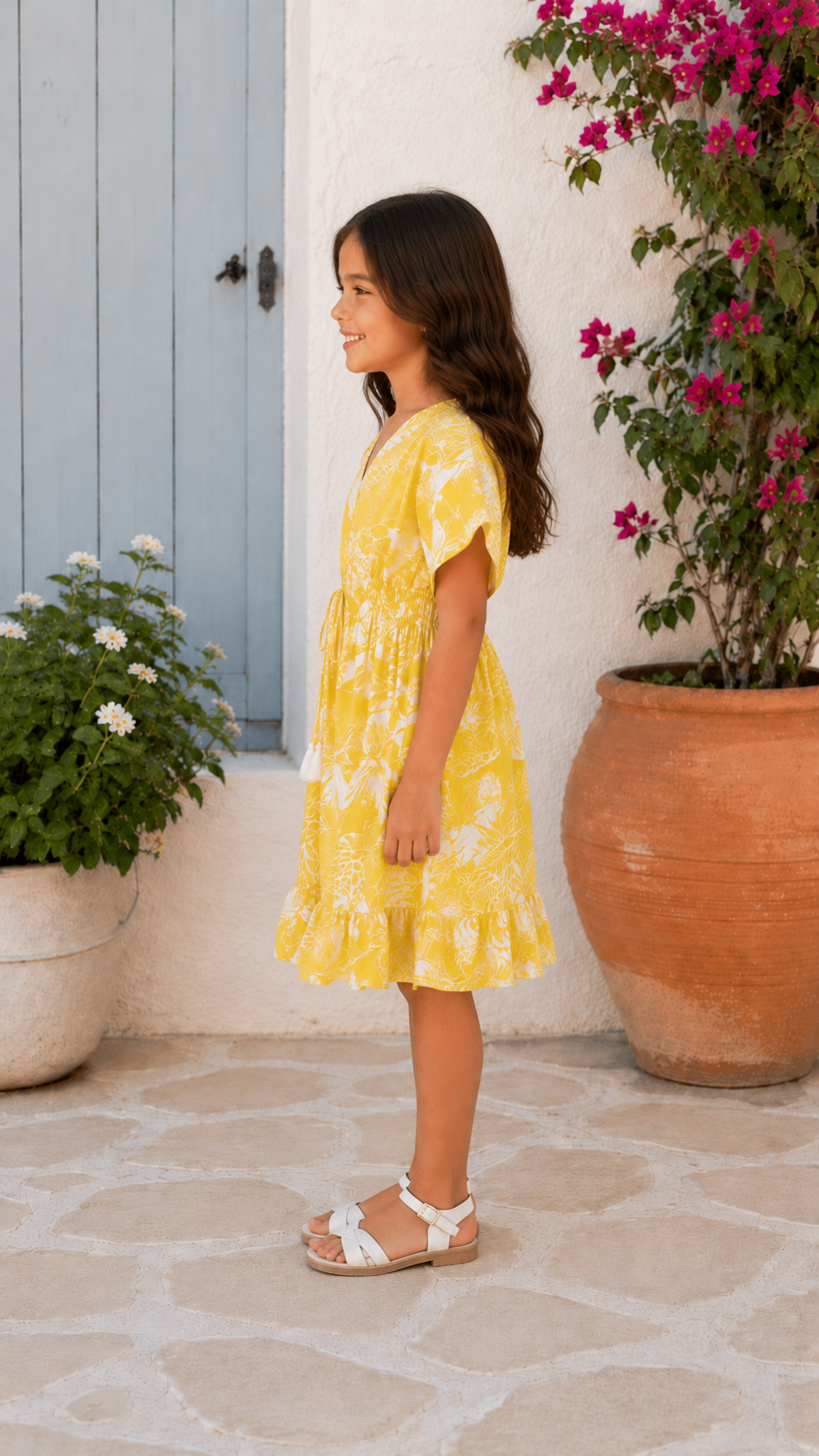 Baby Girls Cotton Yellow Tropical Leaf Printed Smocked Waist A-Line Dress