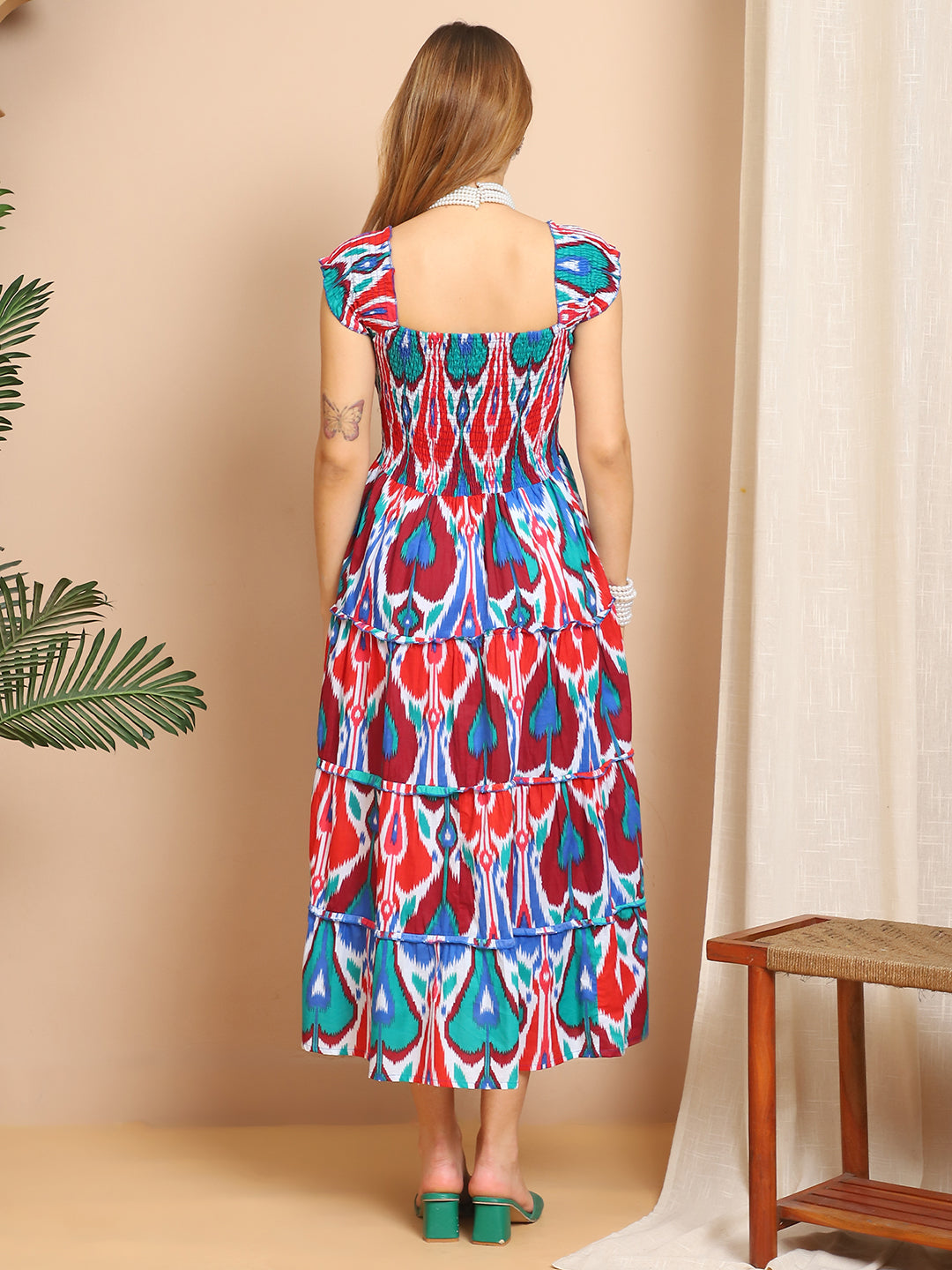 Aawari Boho Cotton Tiered Maxi Dresses For Women - Multicolor Tribal Print