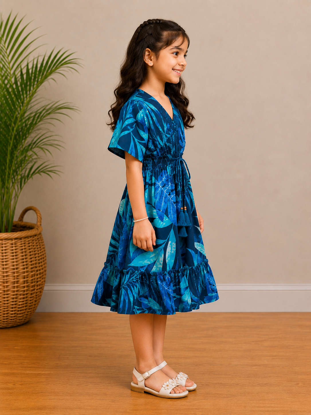 Baby Girls Cotton Blue Tropical Leaf Printed Smocked Waist Midi Dress
