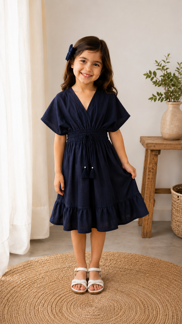 Baby Girls Solid Navy Blue Smocked Waist Tassel Tie-Up Flared Dress
