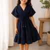 Baby Girls Solid Navy Blue Smocked Waist Tassel Tie-Up Flared Dress