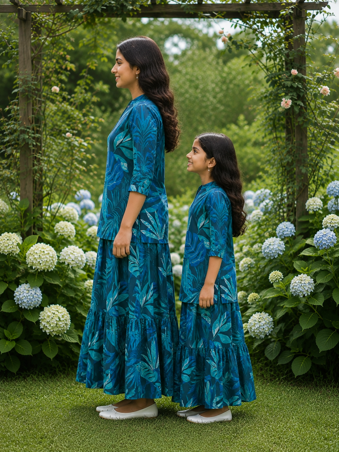 Mom & Daughter Teal Blue Tropical Leaf Printed Kurta & Tiered Skirt Matching Co-ord Set