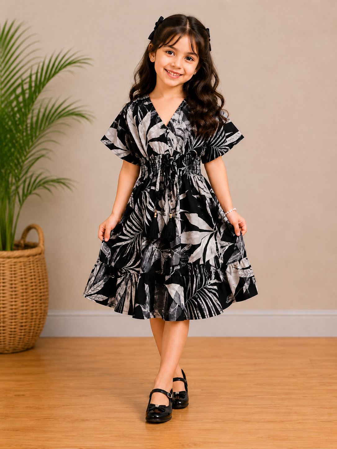 Baby Girls Midnight Tropical Printed Smocked Waist Flared Midi Dress