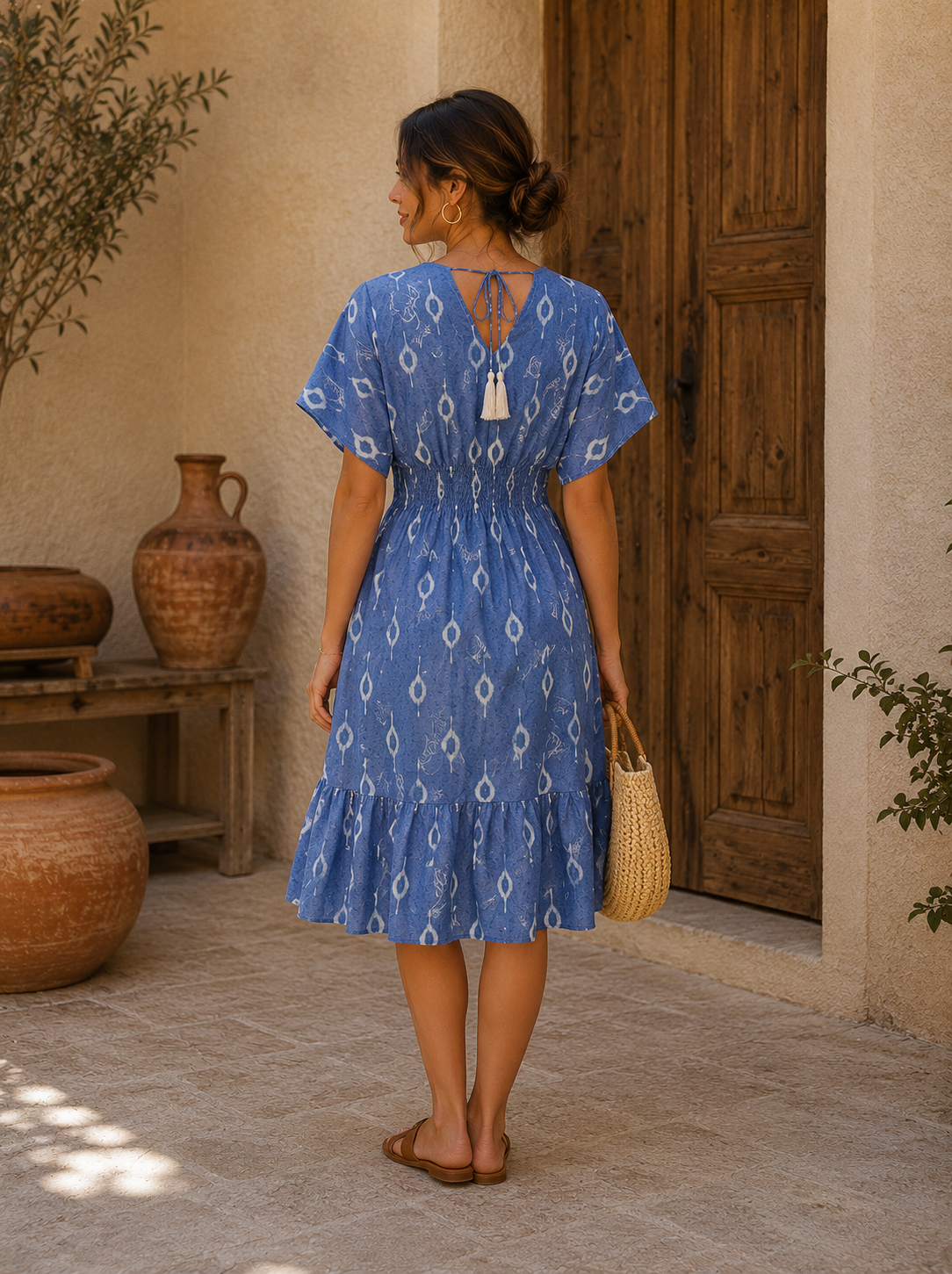 Women’s Cotton Blue Ikat Printed Smocked Waist Midi Dress