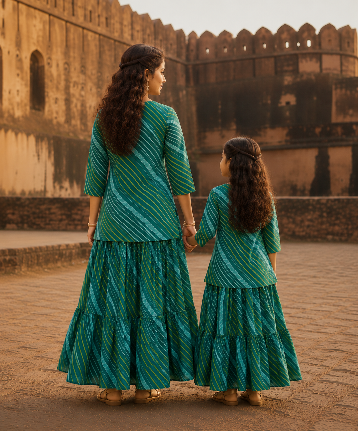 Mom & Daughter Green Striped Printed Kurta & Tiered Skirt Matching Co-ord Set