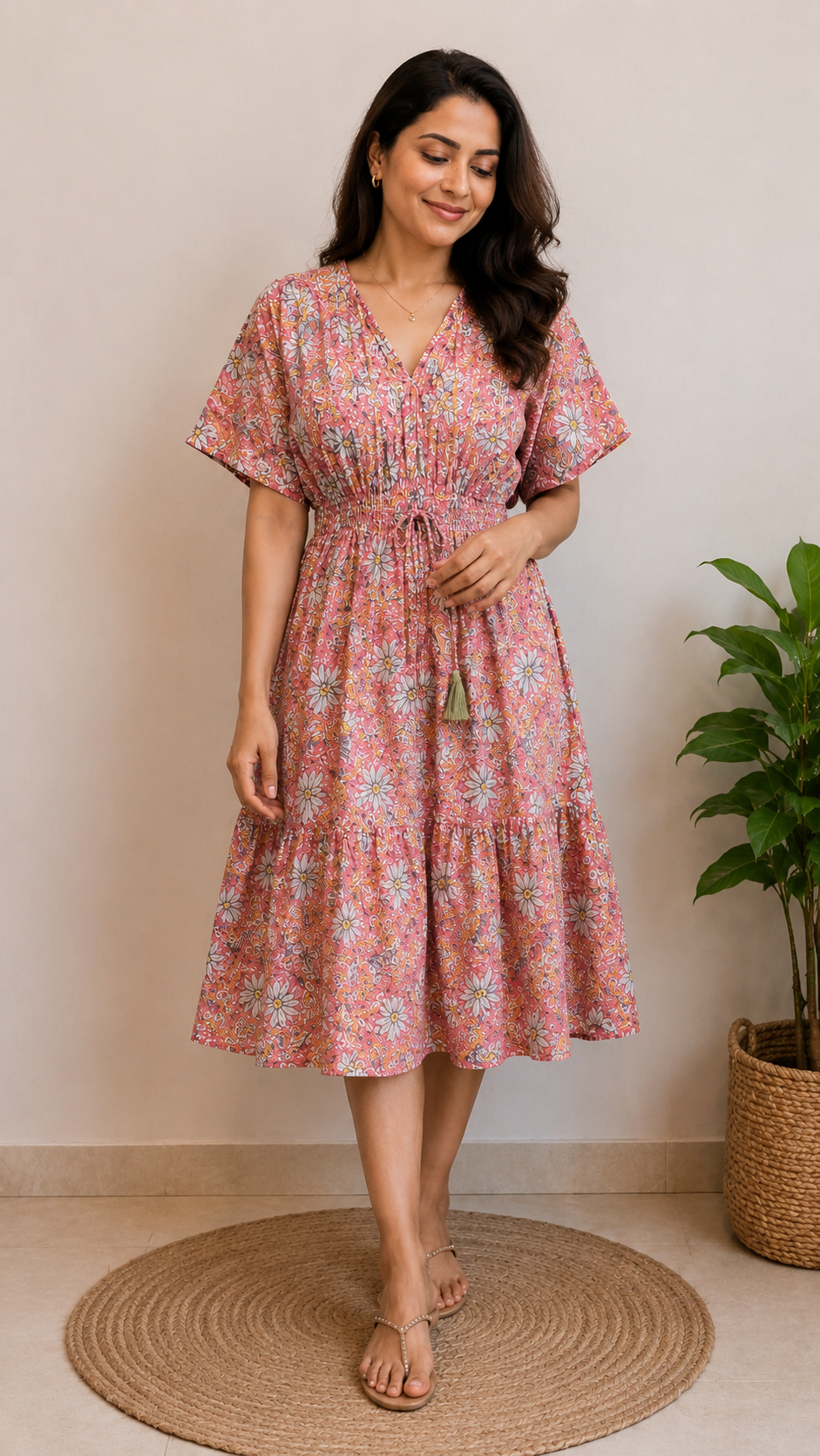 Women Pink Floral Printed Smocked Waist Flared Midi Dress